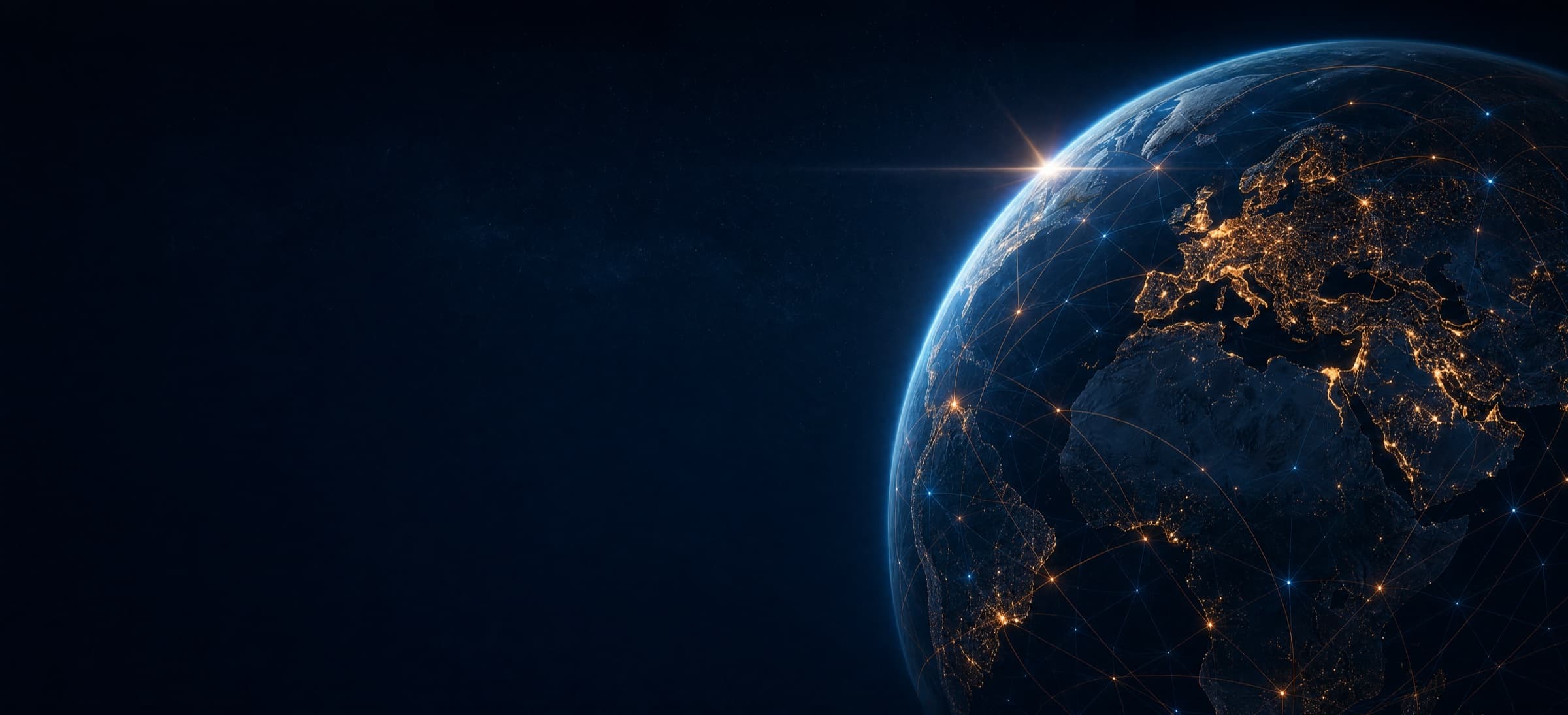 Weltkugel bei Nacht mit internationalen Verbindungslinien